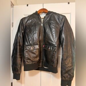 Levis Jacket Women’s M Brown Sherpa Lined Faux Leather Trucker Bomber Coat Hood